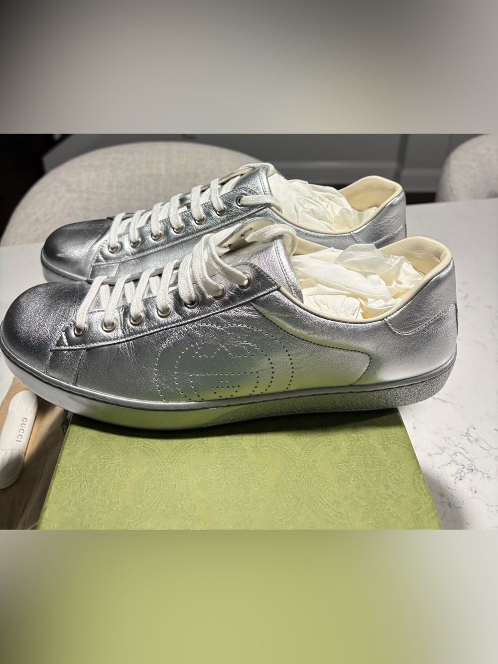 Gucci Silver Perforated Double-G Low-Top Sneakers